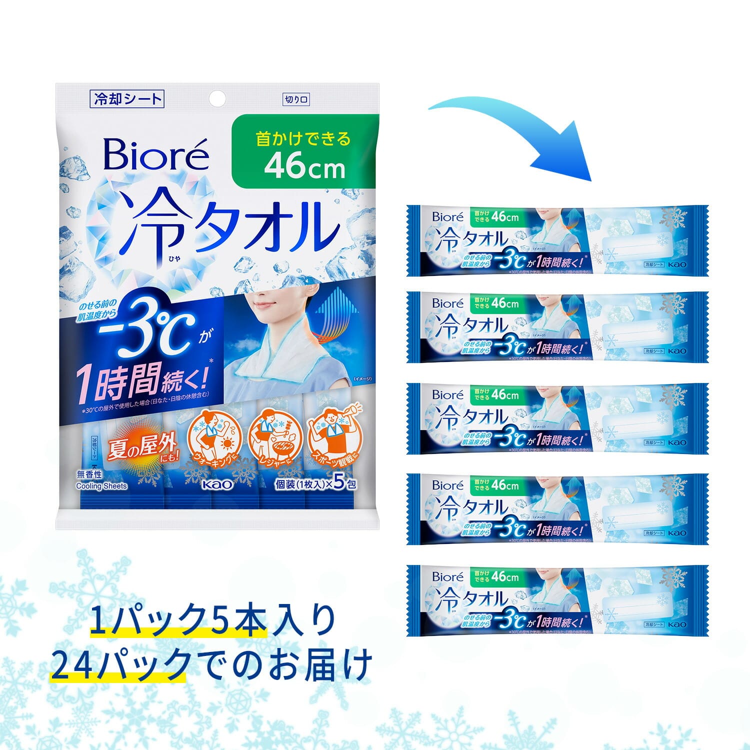 ビオレ 冷タオル 無香性 5本入×24パック(120本) 個包装 日本製 花王 Kao