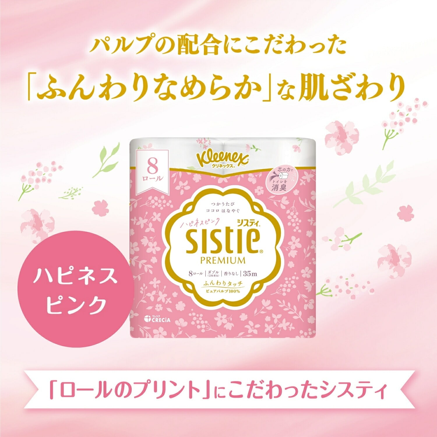 クリネックス トイレットペーパー システィ ダブル 無香料 8ロール×8パック(64ロール) ハピネスピンク Kleenex sistie 日本製紙クレシア