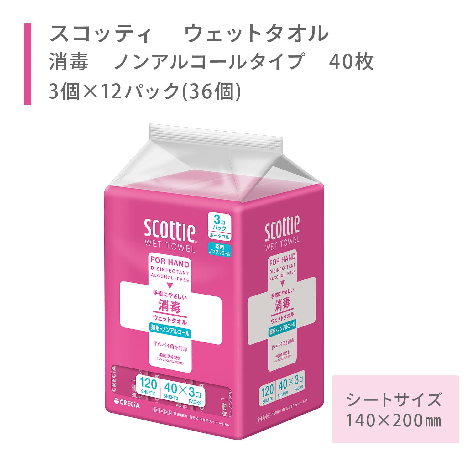 【10％オフクーポン対象】 スコッティ ウェットタオル 消毒 ノンアルコールタイプ 40枚3個×12パック(36個) scottie 指定医薬部外品 日本製 日本製紙クレシア