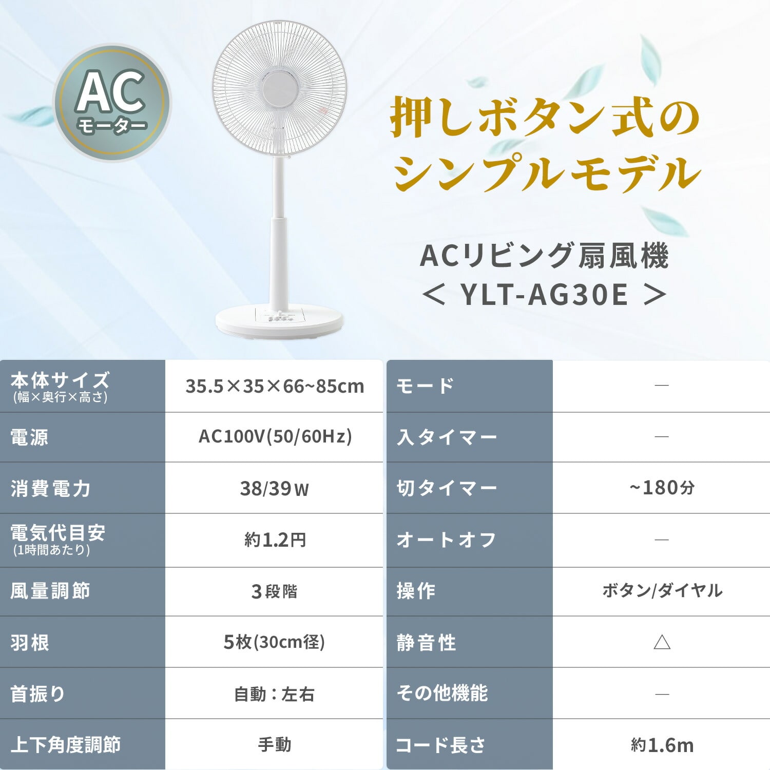 【10％オフクーポン対象】扇風機 左右首振り 風量3段階 押しボタン 切りタイマー YLT-AG30E 山善 YAMAZEN
