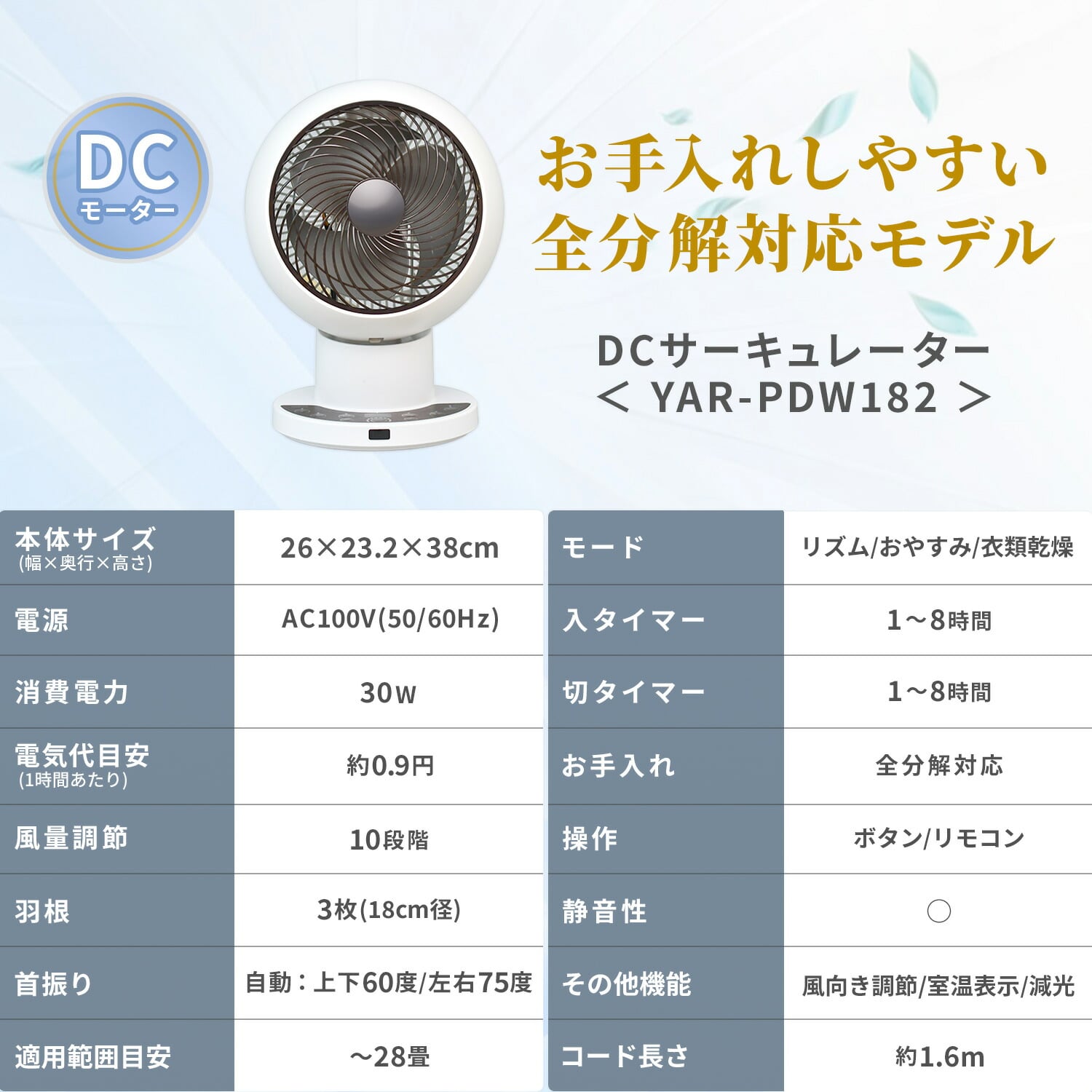 【10％オフクーポン対象】洗える サーキュレーター DCモーター 上下左右首振り 28畳まで 風量10段階 分解できる YAR-PDW182(W) 山善 YAMAZEN