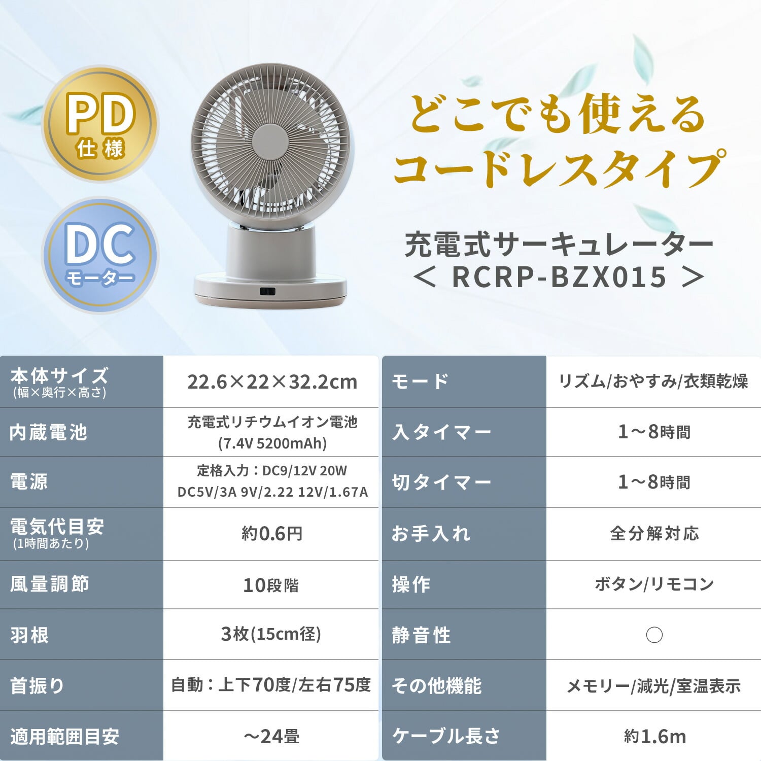 【10％オフクーポン対象】サーキュレーター DCモーター コードレス 充電式 PD対応 全分解 上下左右首振り 24畳まで RCRP-BZX015(C) 山善 YAMAZEN