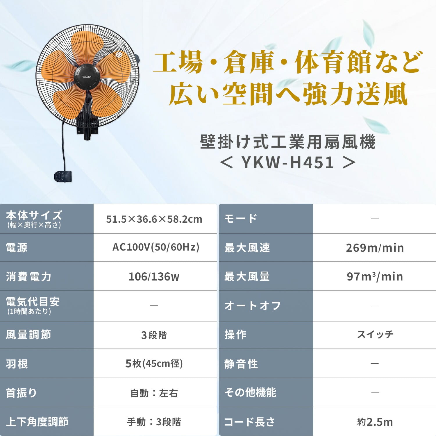 【10％オフクーポン対象】 工場扇 壁掛け式 羽根径45cm YKW-H451 山善 YAMAZEN