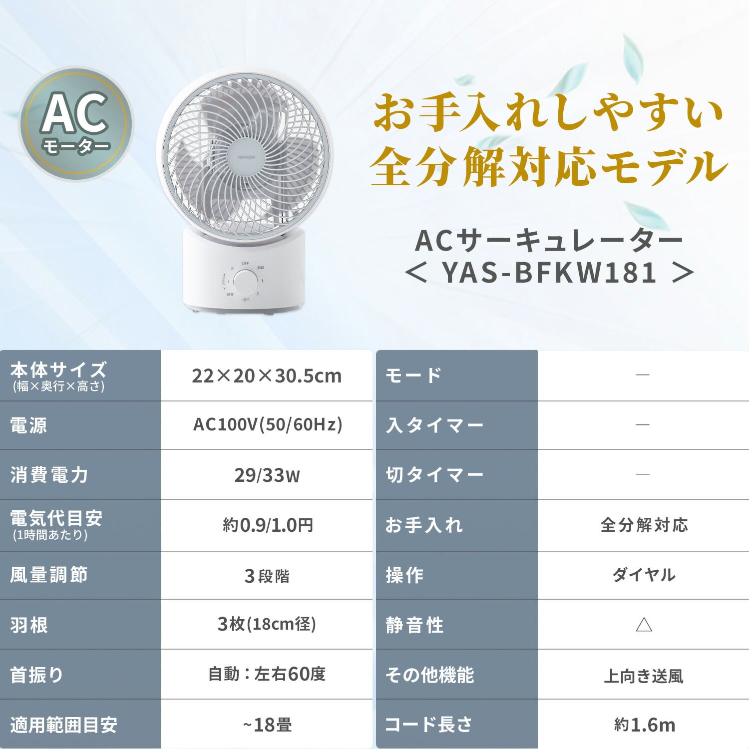 【10％オフクーポン対象】 洗える サーキュレーター 全分解 左右自動首振り 風量3段階 18畳まで YAS-BFKW181(WH) 山善 YAMAZEN
