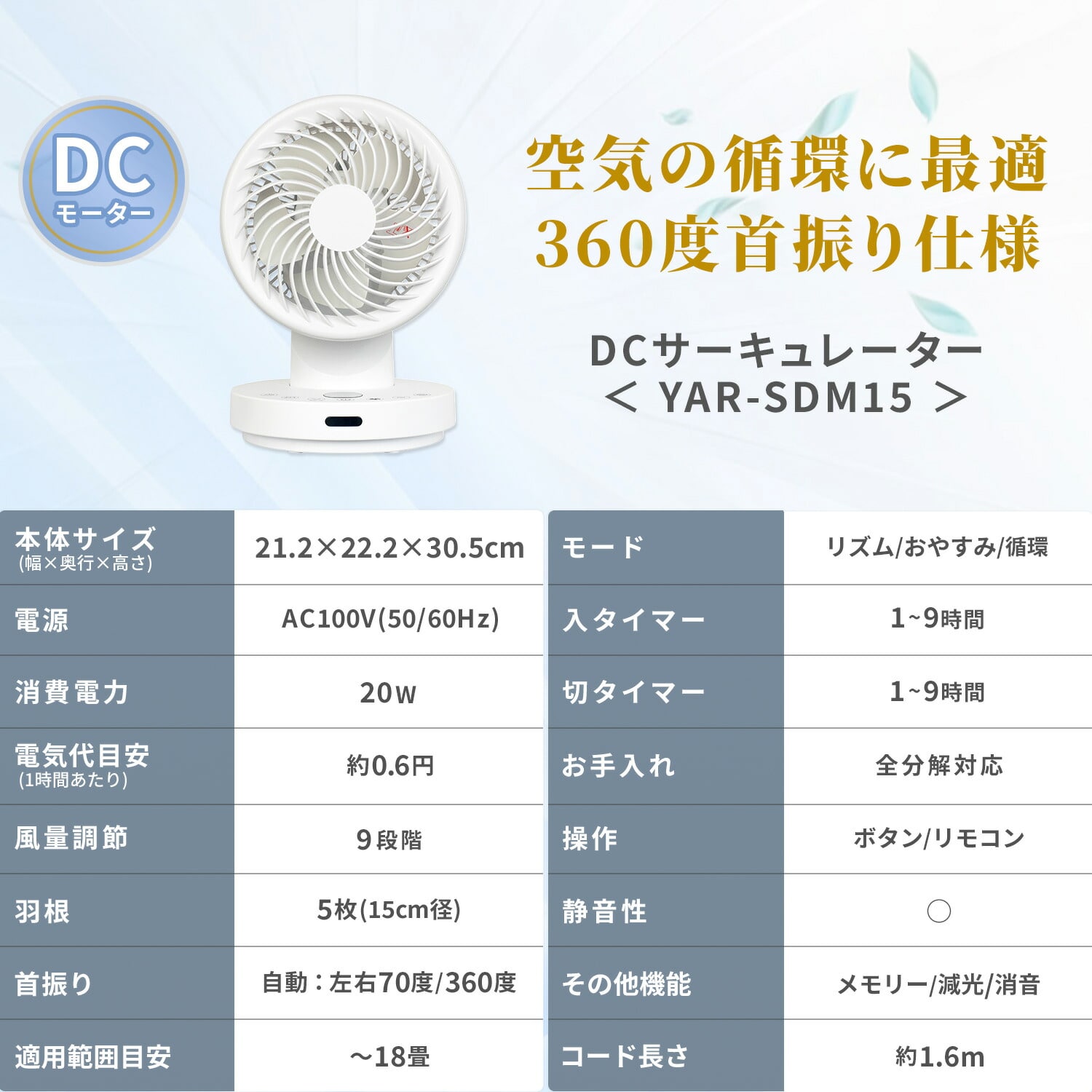 洗える サーキュレーター DC 全分解 360度首振り 18畳 YAR-SDM15 山善