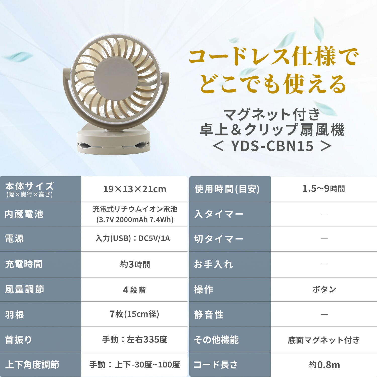 卓上扇風機 デスクファン 2WAY(卓上＆クリップ) 風量4段階 マグネット USB充電式 YDS-CBN15(C) 山善 YAMAZEN