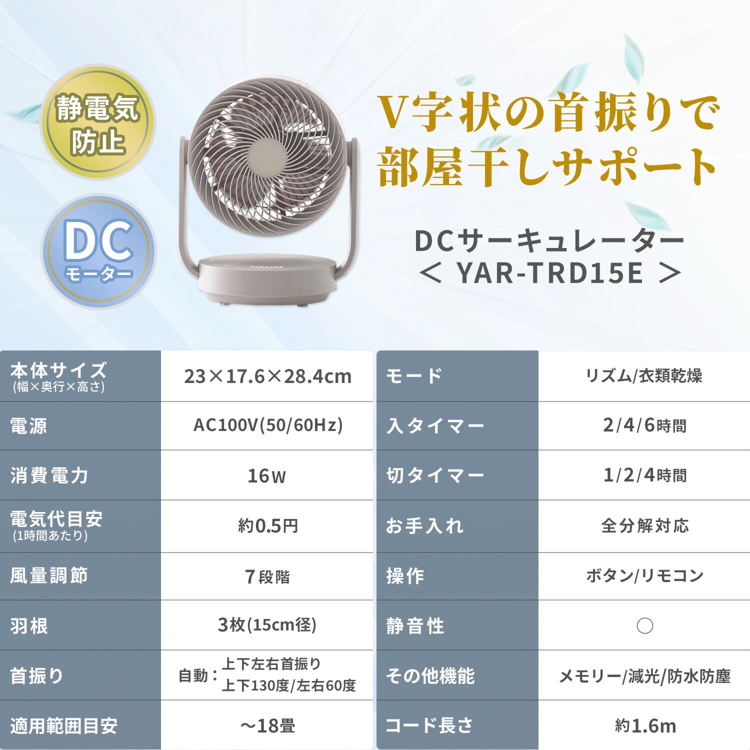 【10％オフクーポン対象】 洗える サーキュレーター 全閉式 全分解 DCモーター (～18畳) 上下左右首振り 風量7段階 入切タイマー 静電気防止加工 YAR-TRD15E 山善 YAMAZEN