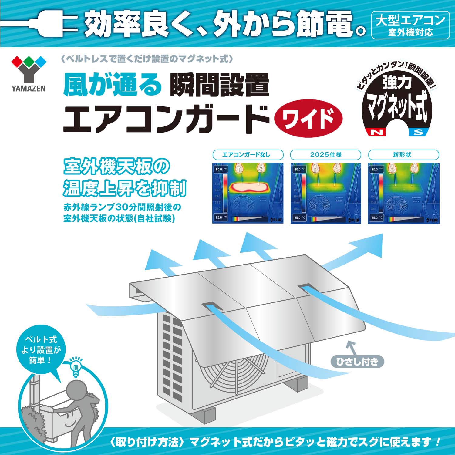 【10％オフクーポン対象】 エアコン室外機カバー ひさし付き 幅84cm/99cm ワイド マグネット式 YVMA-8460H/YVMA-9960WH 山善 YAMAZEN