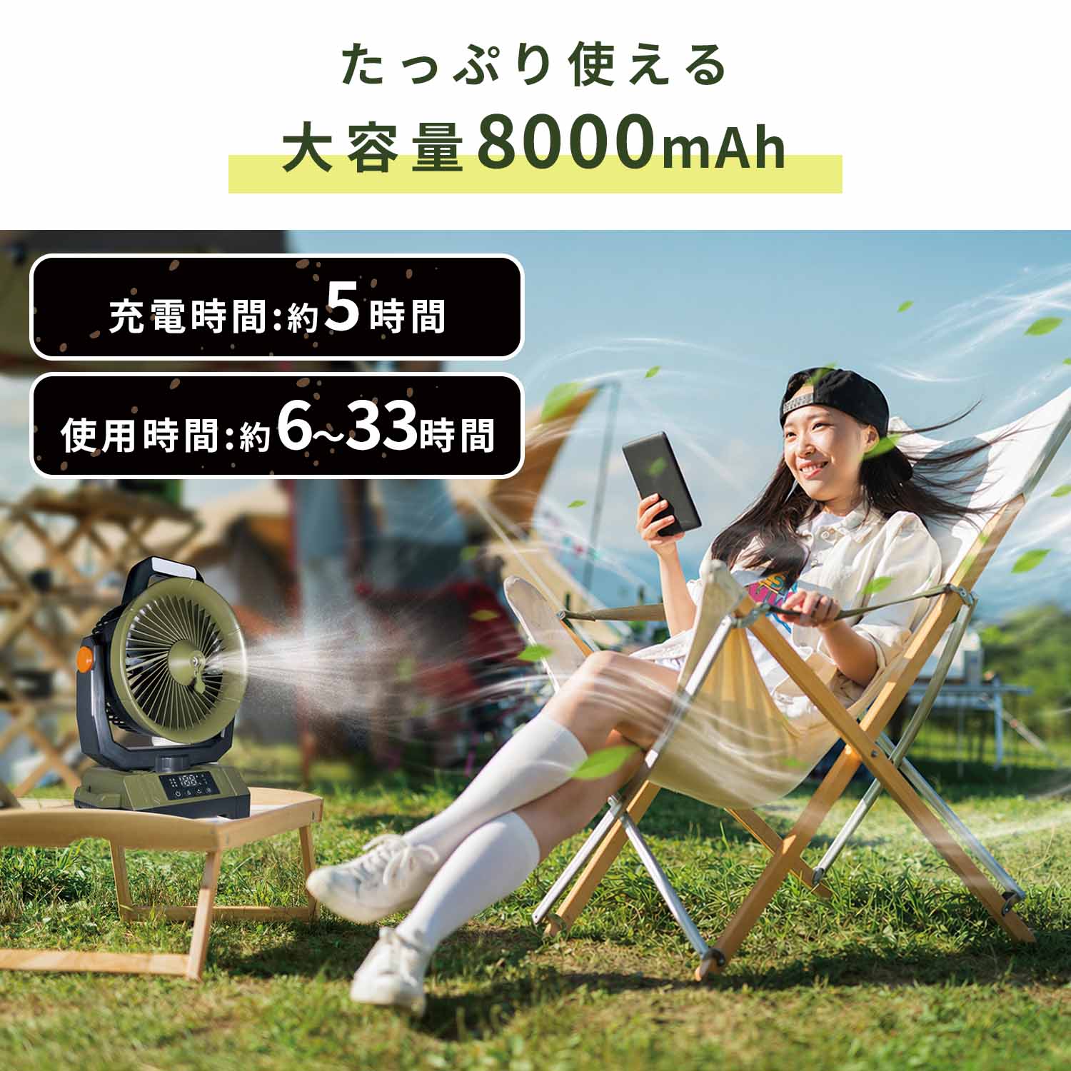 アウトドアミストファン 8000mAh内蔵 USB充電式 首振り LEDライト/リモコン搭載 SWI-NTSSODMF アーミーグリーン