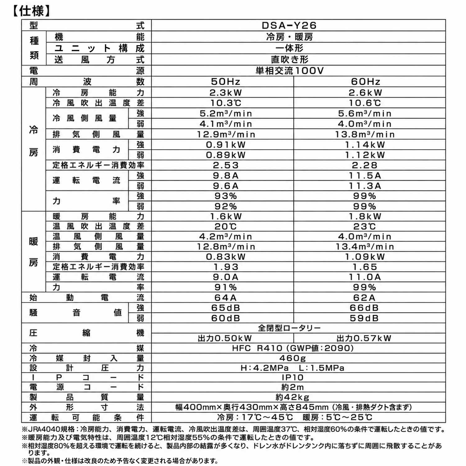 【10％オフクーポン対象】 スポットクーラー 冷暖タイプ 2Way 排熱ダクト付き 工事不要 キャスター付き 単相100V DSA-Y26 山善 YAMAZEN