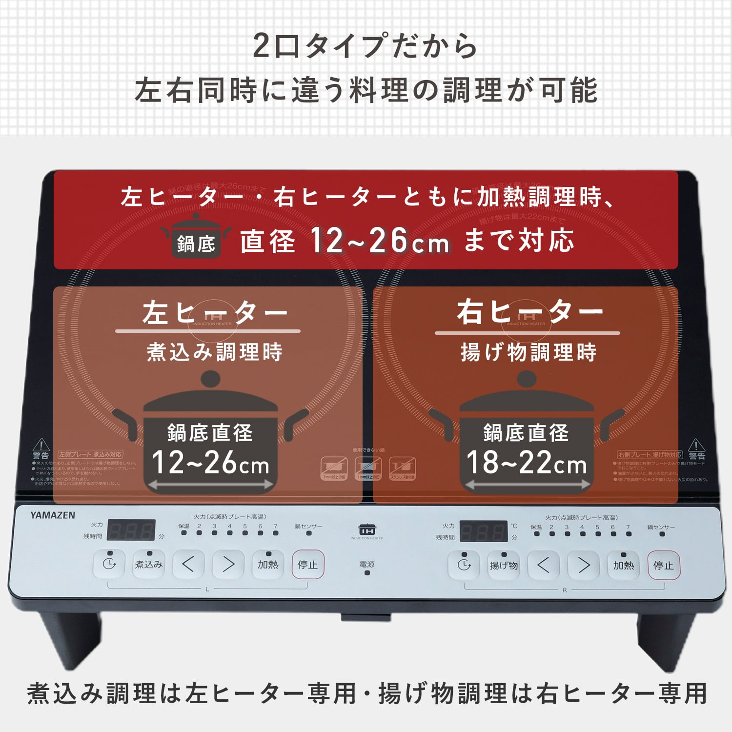 【訳あり(梱包に難あり)】 IHクッキングヒーター 2口 IHコンロ 脚付き 1400W 工事不要 KES-WL1456E(H) 山善 YAMAZEN