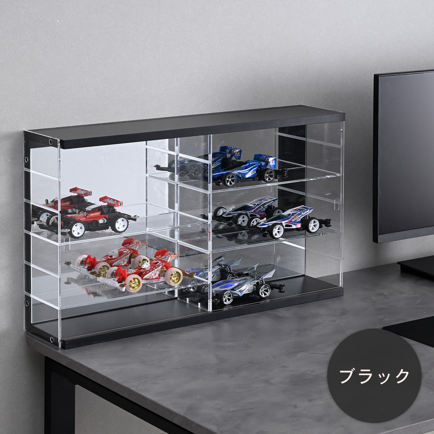 【10％オフクーポン対象】コレクションケース 横長タイプ（幅59 奥行13cm） 扉付き アクリル 背面ミラー 山善 YAMAZEN
