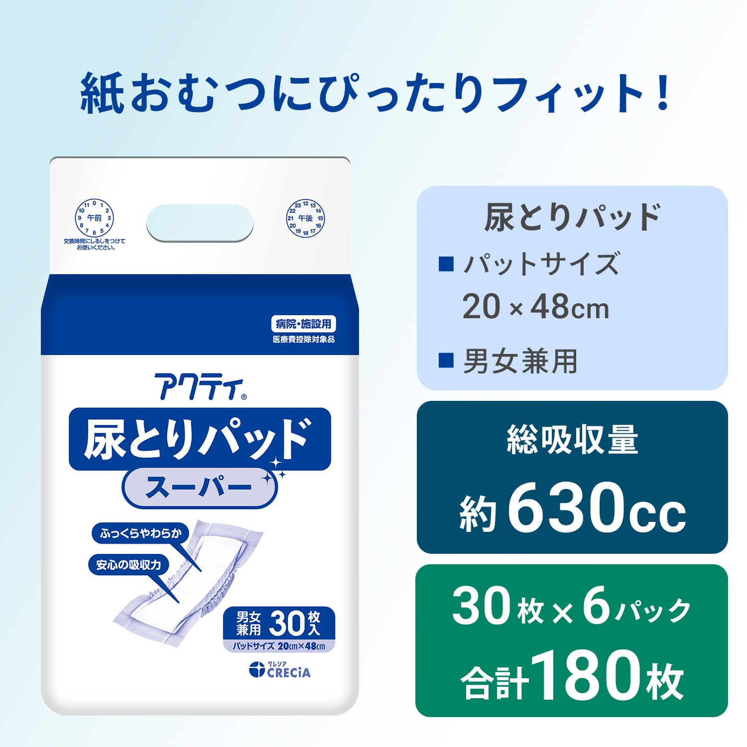 アクティ 尿とりパッド スーパー 30枚×6パック(180枚) 総吸収量約630cc 日本製紙クレシア