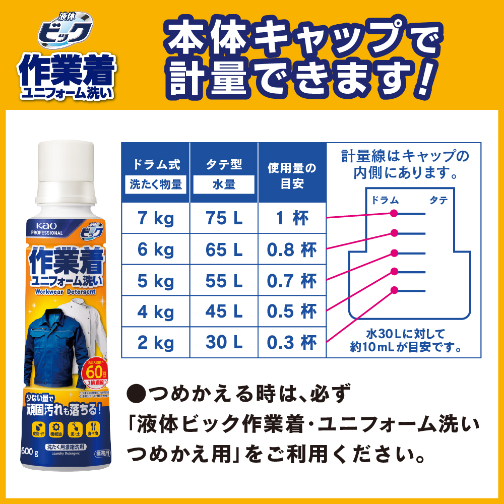 液体ビック 業務用 600g 12個セット 洗濯洗剤 濃縮タイプ 無香料 無蛍光 無着色料 中性 作業着・ユニフォーム・コック服洗い対応 花王 Kao