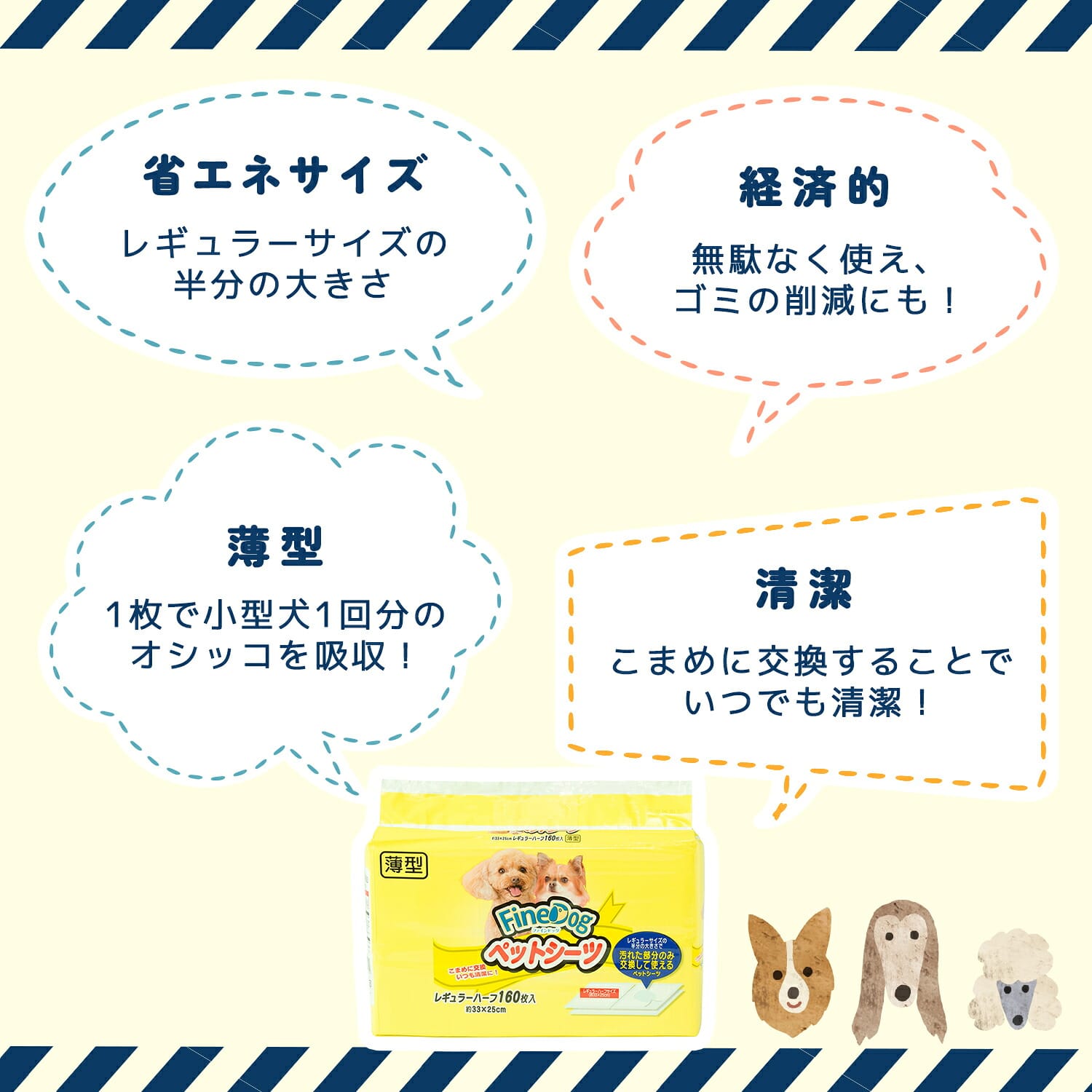 犬用ペットシーツ 薄型 使い捨て レギュラーハーフ 約33×25cm 160枚×8パック(1280枚) ファインドッグ FineDog FD-PS-URH160 常陸化工