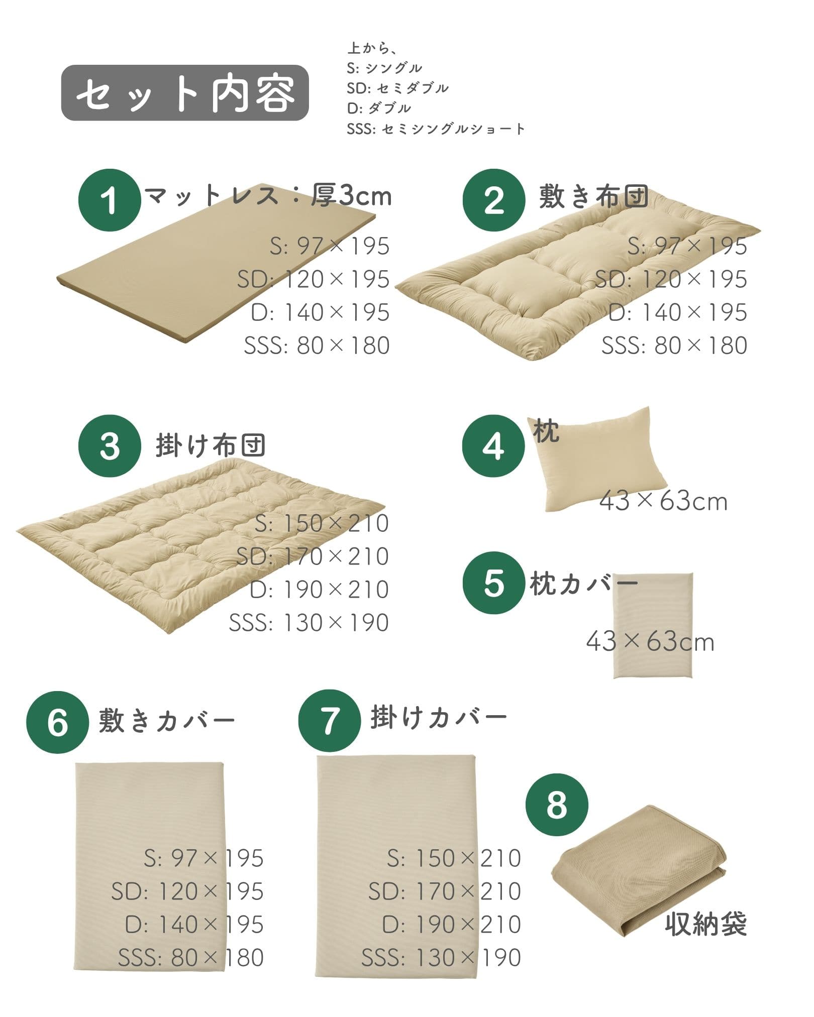 布団8点セット 高反発マットレス付き (シングル/セミダブル/ダブル/セミシングルショート) 洗えるカバー付き