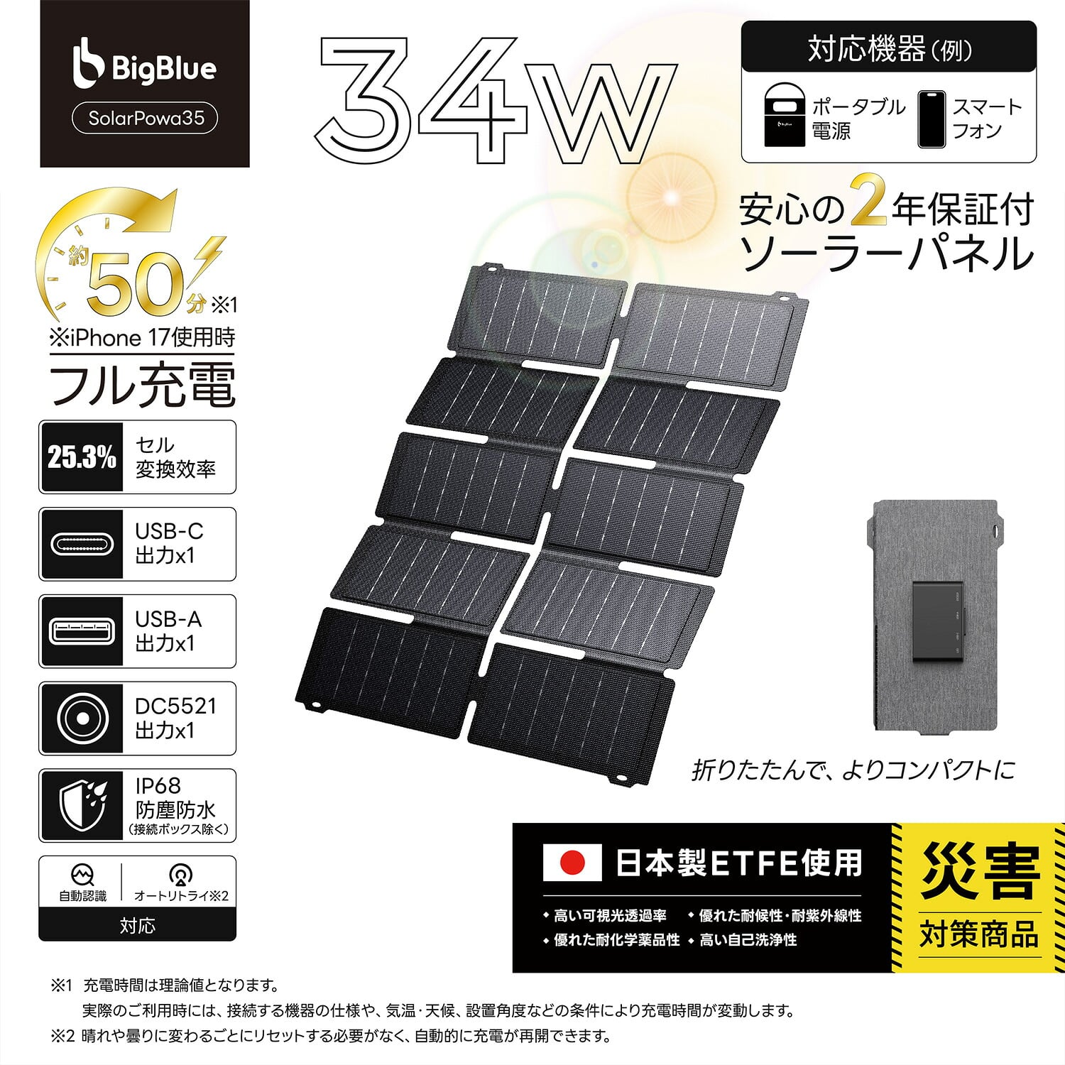 高効率太陽光充電器 34W 超軽量 モバイルバッテリー・ポータブル電源対応 SolarPowa35(F35) Bigblue Tech ビッグブルーテック