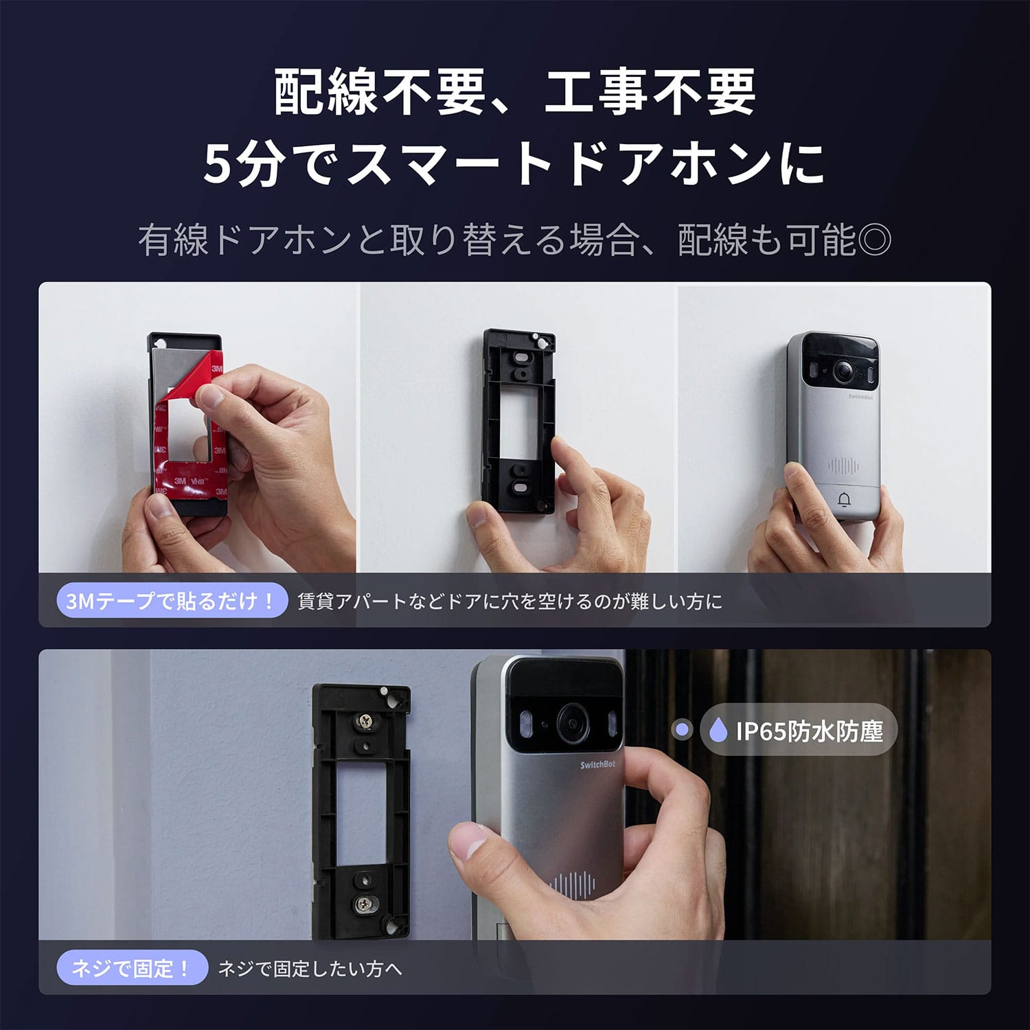 スマートテレビドアホン モニター付き 工事不要 賃貸対応 スマホ連動 W6702002 ホワイト SwitchBot スイッチボット