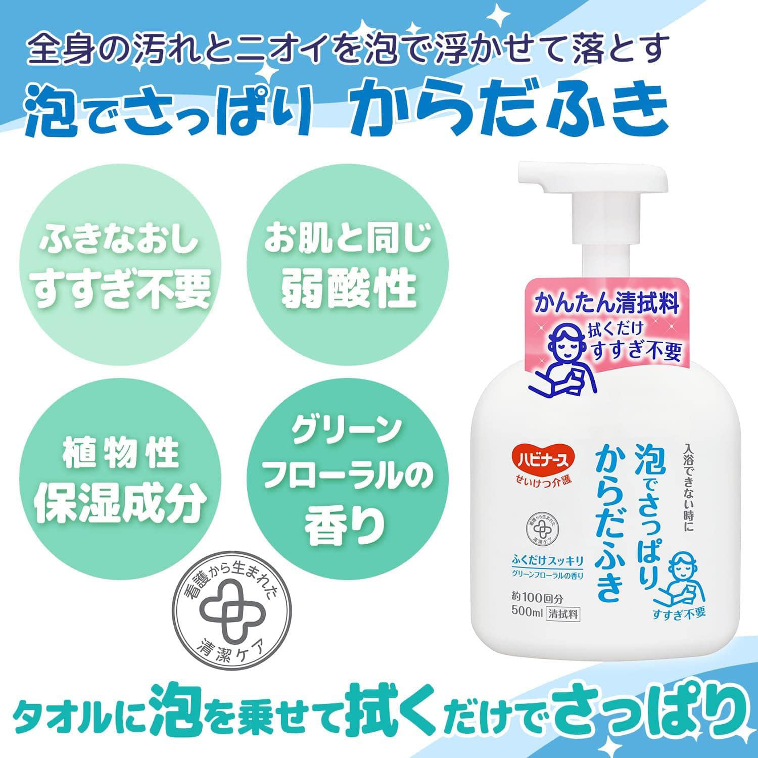 せいけつケアセット 泡タイプ (水/お湯不要) お湯のいらない泡シャンプー 泡でさっぱりからだふき 日本製 1050560 山善 YAMAZEN
