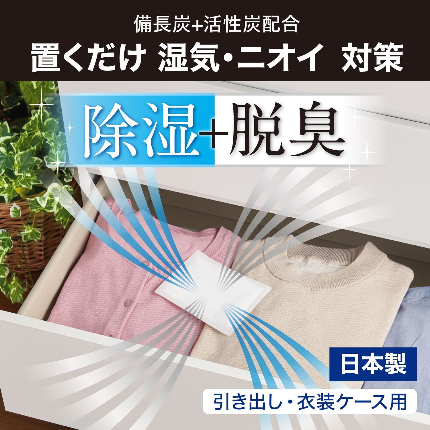 ドライペット 除湿剤 無香 引き出し・衣装ケース用 12枚入 除湿+脱臭 備長炭 活性炭 日本製 エステー