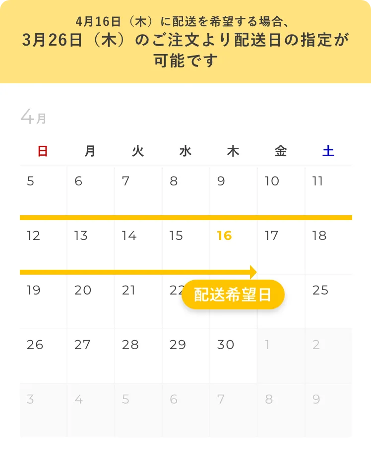例えば、4月16日（木）に配送を希望する場合、3月26日（木）のご注文より配送日の指定が可能です